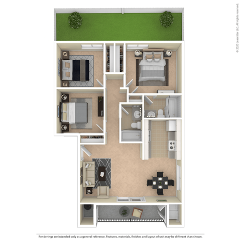 Floor plan for 3 beds, 2 baths, 1000 sqft